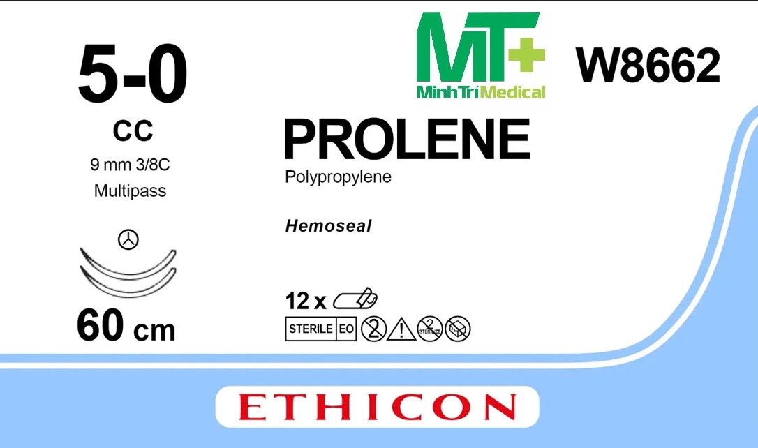 Chỉ phẫu thuật PROLENE số 5/0, dài 60cm, 2 kim tròn đầu cắt hemoseal MultiPass 9.3 mm, 3/8C, Hộp/12 tép (Mỹ)- W8662